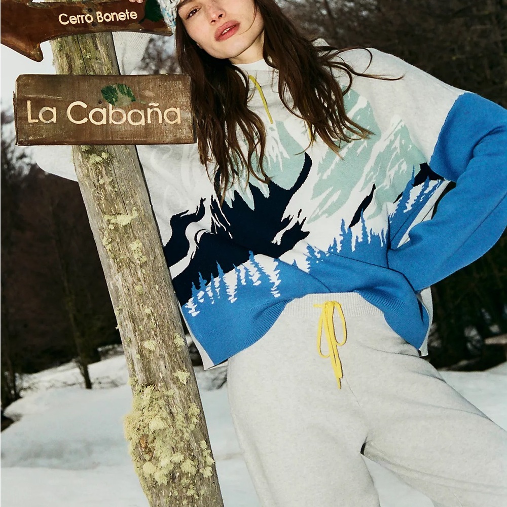 Anthropologie Daily Practice Turnover Blue and White Scenic Sweater